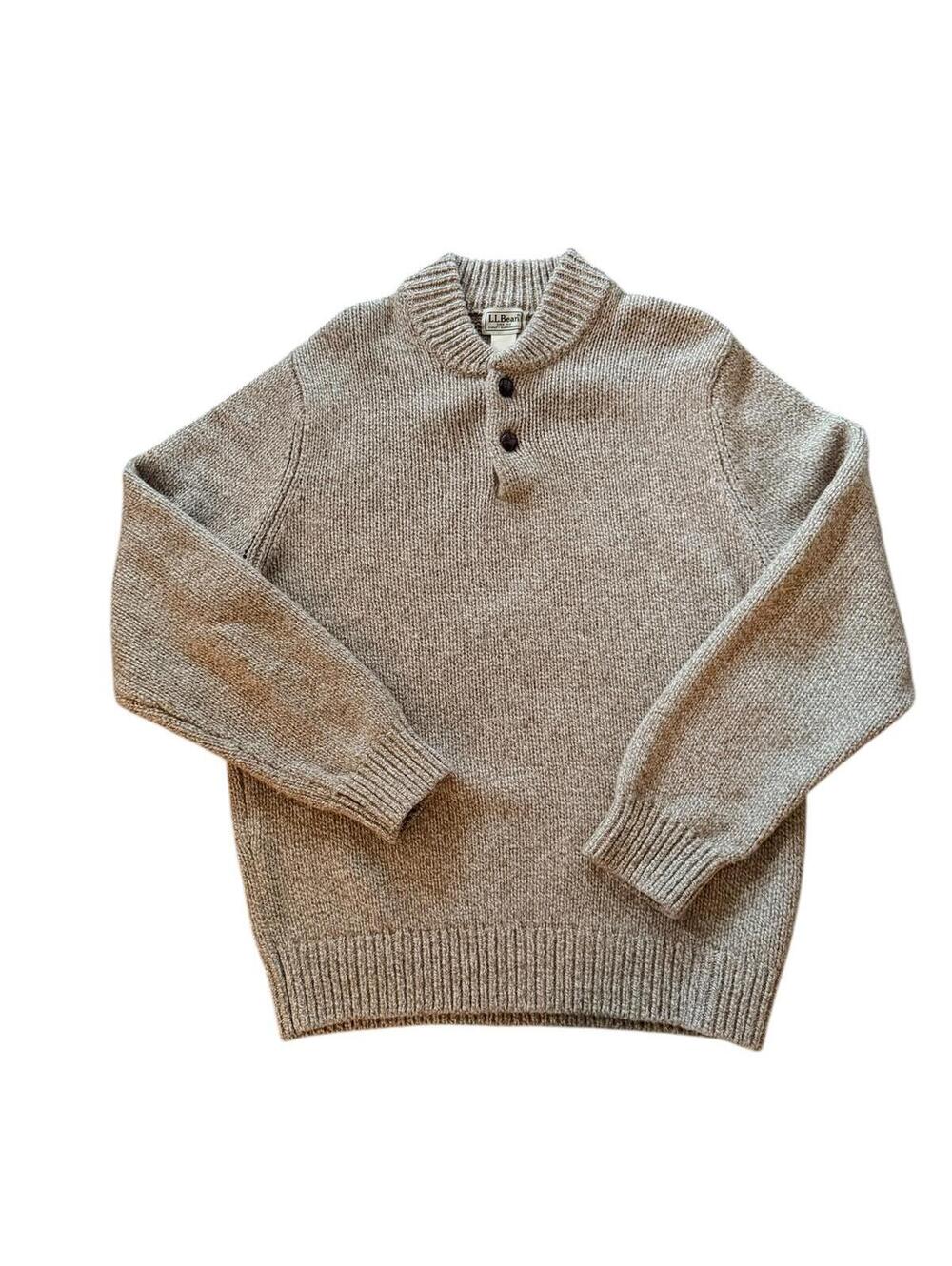 LL Bean Lambs Wool Sweater Mens Medium Classic Ragg Henley Pullover Fisherman